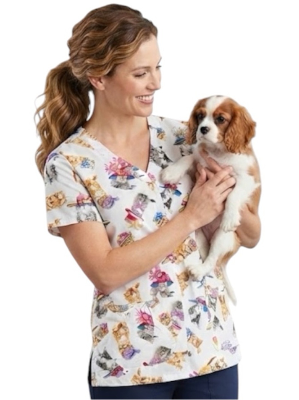 WHITE CROSS Cat Print Cotton V-Neck Scrub Top Pockets Nostalgic Vintage M